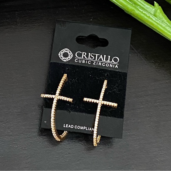 Cristallo Cubic Zirconia Gold tone Cross Post Earrings - Picture 4 of 11